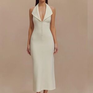Meshki Cream Halter Midi Dress with Button Front